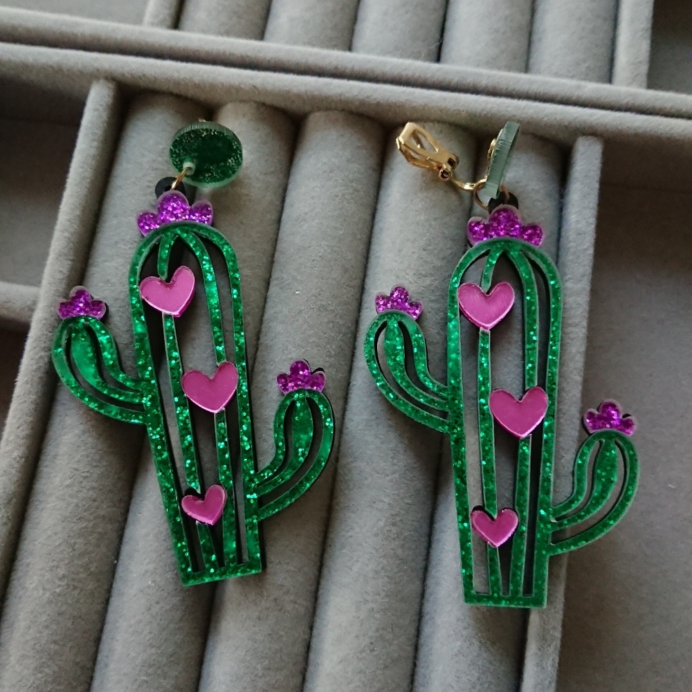 Green and Pink Cactus CLIP ON Earrings